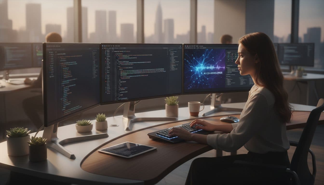 ภาพนักพัฒนาซอฟต์แวร์กำลังทำงานร่วมกับผู้ช่วย AI เขียนโค้ดบนหน้าจอคอมพิวเตอร์ แสดงถึงการทำงานร่วมกันของมนุษย์และเทคโนโลยีในออฟฟิศที่ทันสมัย