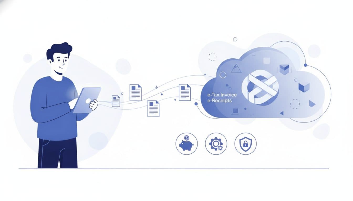 ภาพประกอบแสดงใบกำกับภาษีและใบรับอิเล็กทรอนิกส์ในรูปแบบดิจิทัล พร้อมกราฟแสดงการเติบโตของธุรกิจและไอคอนเทคโนโลยี