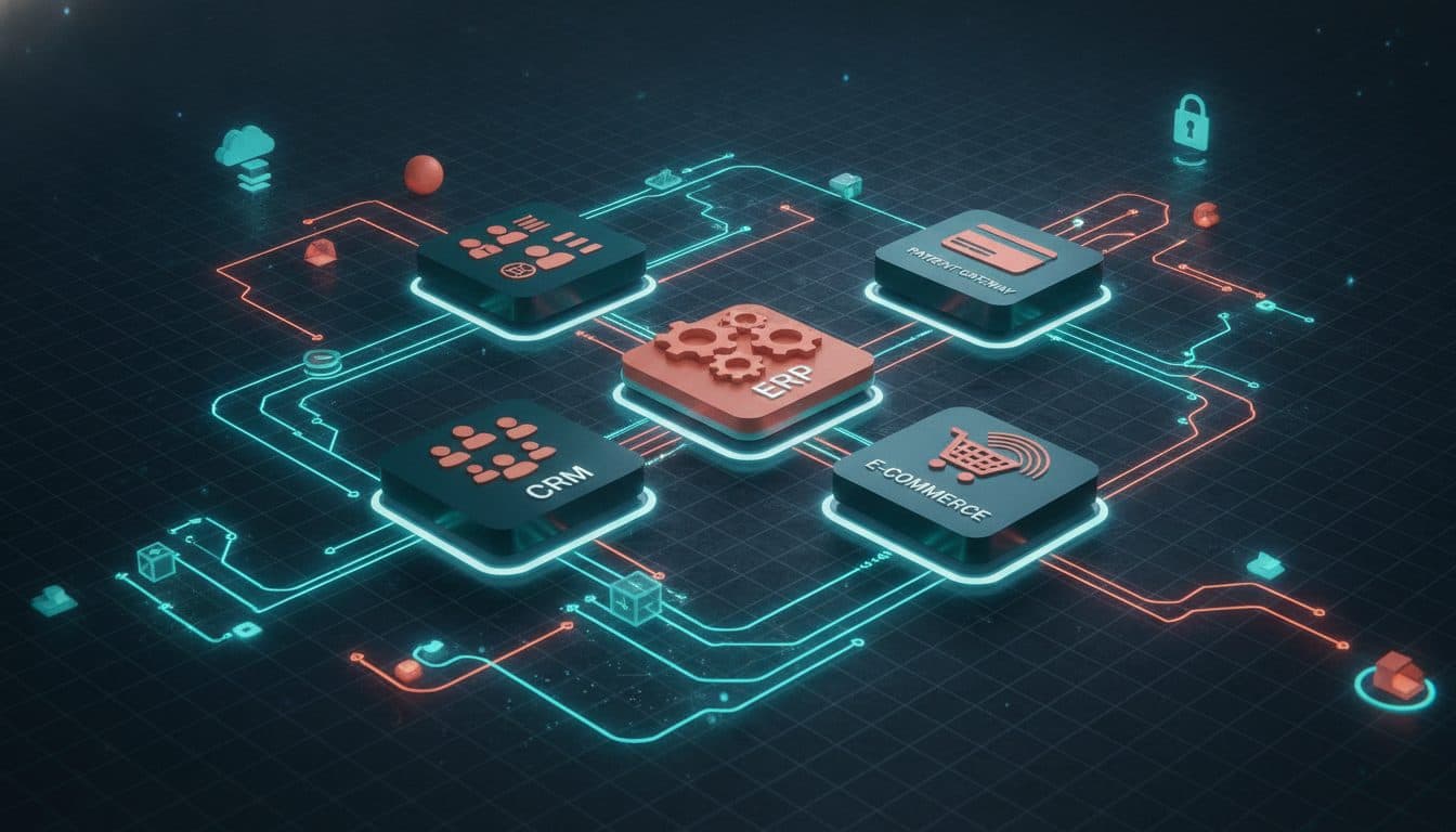 ภาพแสดงการเชื่อมต่อข้อมูลระหว่างระบบต่างๆ ด้วย API สำหรับธุรกิจ SME