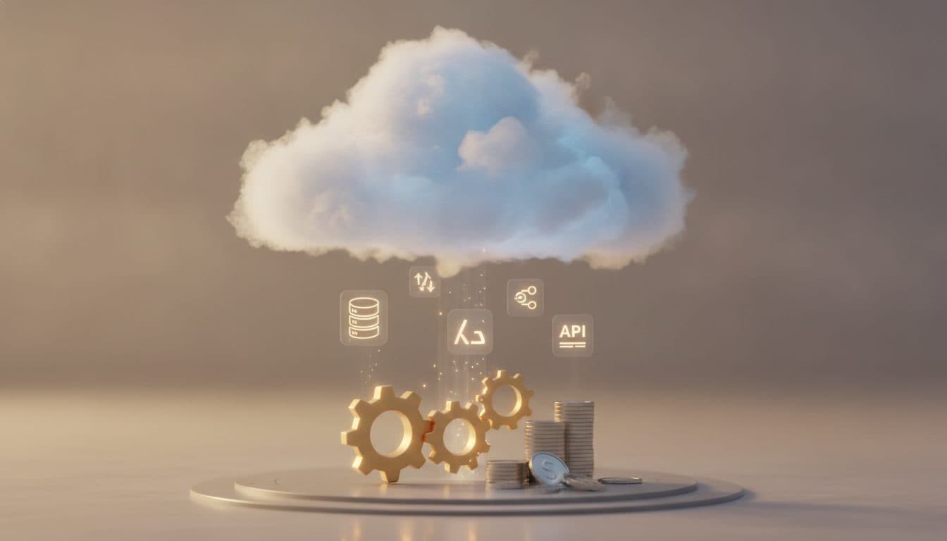 ภาพประกอบแสดงแนวคิด Serverless Computing โดยมีก้อนเมฆและไอคอนบริการต่างๆ ลอยอยู่เหนือเครื่องหมายรูปเฟืองและเหรียญ เพื่อสื่อถึงการประหยัดและการไม่ต้องดูแลโครงสร้างพื้นฐาน