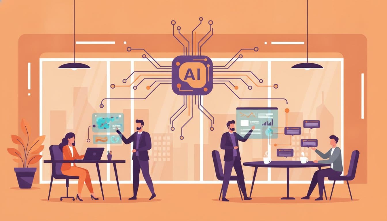 ภาพแสดง AI Agent ในรูปแบบหุ่นยนต์กำลังทำงานร่วมกับนักธุรกิจในสภาพแวดล้อมสำนักงานที่ทันสมัย