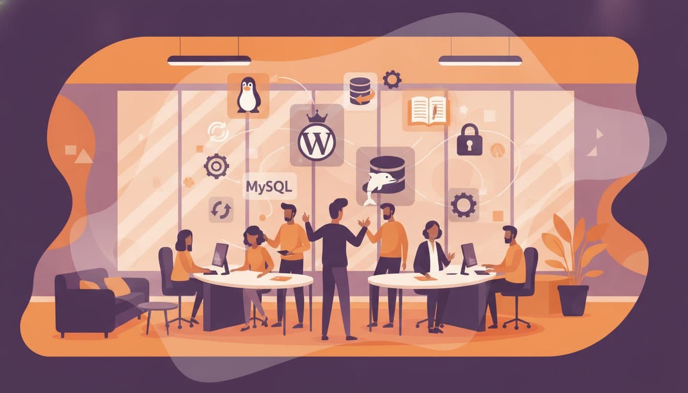 ภาพกราฟิกแสดงถึงไอคอน Open Source ต่างๆ เช่น โลโก้ Linux, WordPress, MySQL ที่ลอยอยู่รอบๆ กลุ่มคนทำงาน SME ในสำนักงานที่ทันสมัย