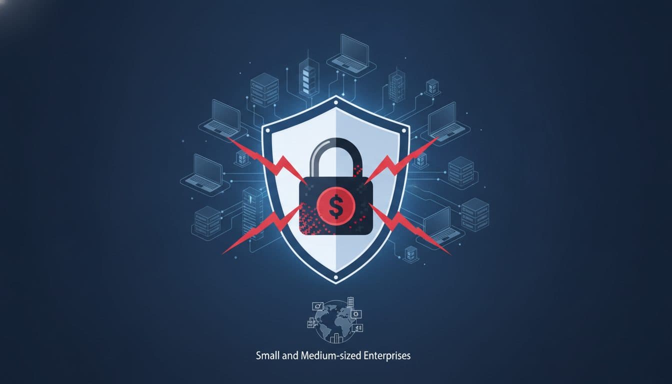 ภาพประกอบแสดงโล่ป้องกันข้อมูลดิจิทัลจากมัลแวร์เรียกค่าไถ่ (Ransomware) ที่เป็นรูปกุญแจล็อค พร้อมสัญลักษณ์ SME และเครือข่ายคอมพิวเตอร์
