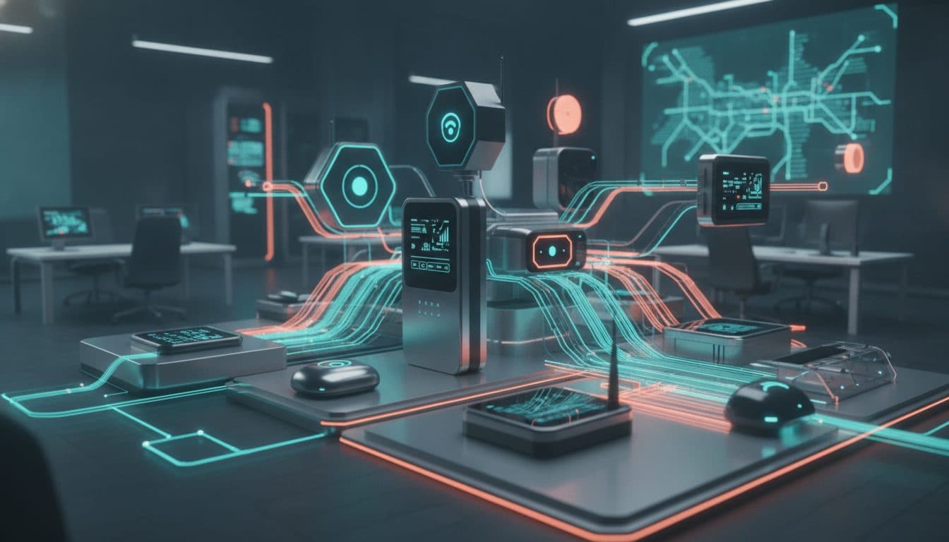 ภาพอุปกรณ์ IoT หลายชิ้นเชื่อมต่อกัน แสดงถึงการทำงานร่วมกันในระบบธุรกิจ