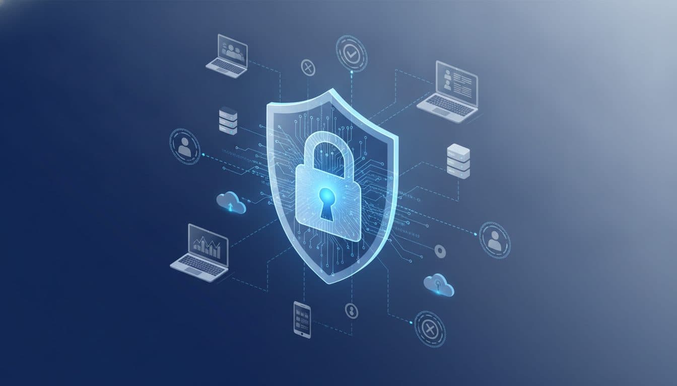 ภาพประกอบแสดงแนวคิด Zero Trust Security โดยมีกุญแจล็อคและโล่ป้องกันข้อมูลในเครือข่ายที่ซับซ้อน