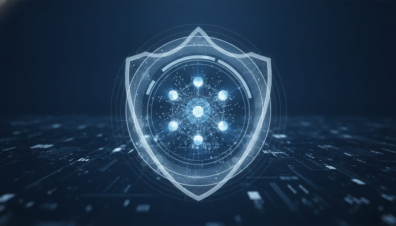ภาพประกอบแสดงแนวคิดของ Quantum Computing ที่มีคิวบิตเรืองแสงเชื่อมโยงกัน และมีเลเยอร์การป้องกันข้อมูลอยู่เบื้องหลังในโลกดิจิทัล