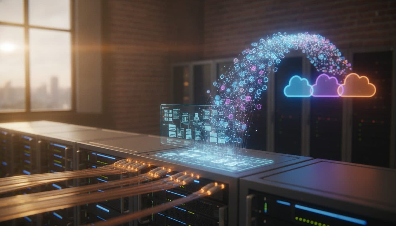 ภาพแสดงการเชื่อมโยงระหว่างคลาวด์และเซิร์ฟเวอร์ On-Premise สื่อถึง Hybrid Cloud สำหรับธุรกิจ SME