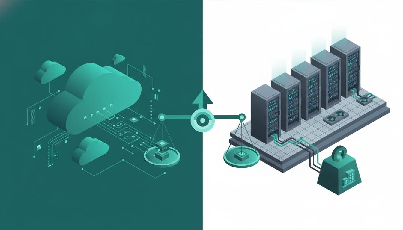 ภาพเปรียบเทียบระหว่างสัญลักษณ์ของ Cloud Computing และเซิร์ฟเวอร์แบบ On-Premise เพื่อสื่อถึงการตัดสินใจเลือกโครงสร้างพื้นฐานไอที